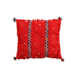 Traditional Berber cushion covers in a variety of vibrant colors including red, yellow, white, burgundy, pink, blue, turquoise, purple, green, apple green, and navy blue. The cushions feature a textured, pom-pom design with geometric patterns.