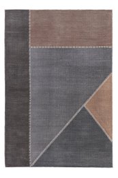  A large, rectangular designer rug with a geometric pattern in shades of gray, brown, and beige. The rug has a modern, minimalist design with clean lines and contrasting colors.