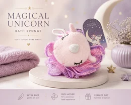 Purple pink magical unicorn bath sponge with closed eyes, soft exfoliating gloves texture, round shape