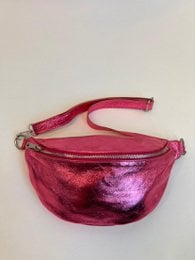 Metallic fanny pack with silver zipper, curved crescent shape, adjustable shoulder strap, shiny finish.