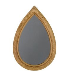  Teardrop-shaped wall mirror with a natural wood frame. The frame has a distinctive wood grain pattern, creating a rustic and organic aesthetic. This mirror would complement a variety of decor styles, from modern to farmhouse.