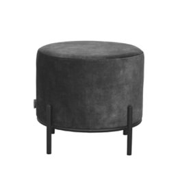  Charcoal gray round velvet footstool with black metal legs. Soft, plush seating for living room or bedroom.