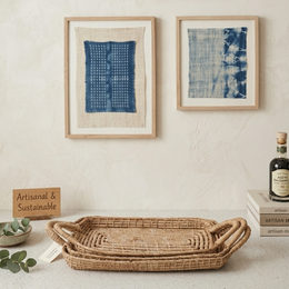  Set of 3 woven natural rattan trays, oval shape, light tan wicker material, decorative serving trays.