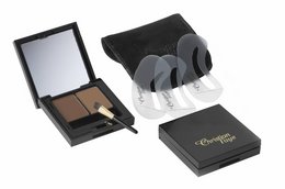 Dark brown eyebrow powder duo set with stencils and brush for precise eyebrow shaping and definition.