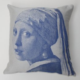 Decorative throw pillow featuring a blue-toned image of the famous painting "Girl with a Pearl Earring" by Johannes Vermeer. The pillow has a soft, gray background that complements the artistic design.