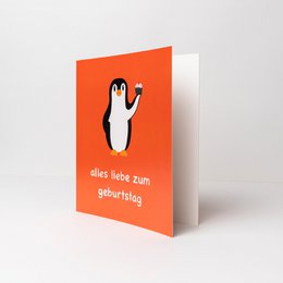  "Penguin birthday card with 'Happy Birthday' text. Available in various pack sizes. Vibrant orange color with a cute penguin illustration."

The product is a birthday card featuring a penguin illustration and the text "alles liebe zum geburtstag" (German for "Happy Birthday"). The card is available in multiple pack sizes, including 5, 10, 20, 50, 100, 200, and 500 cards. The card has a vibrant orange color background with the black and white penguin illustration, making it a visually appealing and festive birthday card.