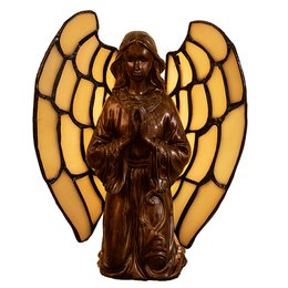 Tiffany-style table lamp with an angel figurine in beige and gold colors, measuring 16x10x18 cm and using an E14 bulb with a maximum of 40W.