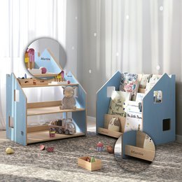  Pastel blue and pink children's bookcase and toy storage unit. Wooden shelves with decorative cutouts. Suitable for storing books, toys, and other children's items.