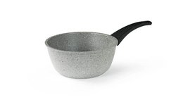 A 20 cm grey induction saucepan with a black handle.