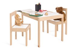 A children's table and chair set in a natural wood finish, featuring the character 'Olaf' from the popular Disney movie Frozen. The set includes a square table and two matching chairs, suitable for young kids.