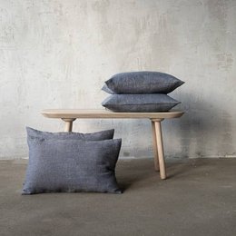 Linen cushion cover in indigo and natural chevron pattern, available in various sizes including 40 x 60 cm, 30 x 40 cm, and 50 x 60 cm.