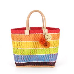  Colorful striped shoulder bag made of sisal with wooden handles and a decorative pom-pom charm.