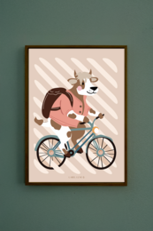 Colorful illustration of a person riding a bicycle with a dog in a basket. Suitable for a kids room poster.