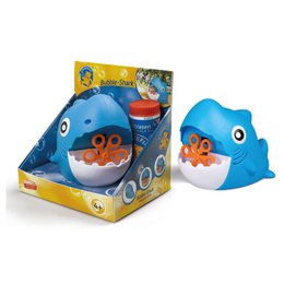  Blue shark-shaped bubble machine with orange fish inside, designed for sensory play.