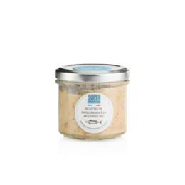 Organic mackerel rillettes with mustard, a savory and flavorful spread made from mackerel, mustard, and other natural ingredients. Suitable for a variety of uses such as on toast, crackers, or as a dip.