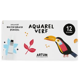 A set of 12 vibrant watercolor paints in a compact case, perfect for artists and hobbyists. The paints come in a variety of colors, including primary colors, secondary colors, and earth tones, allowing for a wide range of artistic expression.