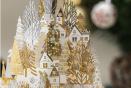 3D Pop up Christmas card gold white houses on a snow hill