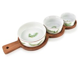  White ceramic bowls with rosemary herb design on wooden serving board, three-piece set