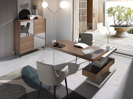 Walnut wood desk and tempered glass