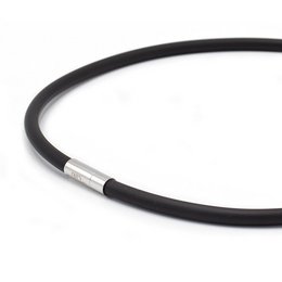 Black rubber chain necklace with metal clasp, available in medium, large, and extra-large sizes, and in gold, silver, and black color variants.