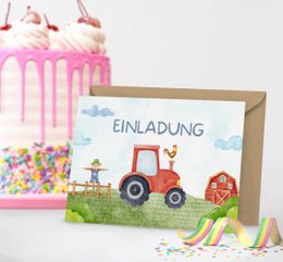 Traktor Einladungskarten - Bauernhof Einladungskarten Set zum Ausfüllen inkl. Umschläge - Bauernhof Kindergeburtstag - Mottoparty Trecker