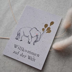 Small card "Welcome" with illustration elephant gold