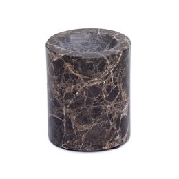 Cylindrical marble tea light holder in a dark brown color with natural veining patterns, measuring approximately 6cm in diameter and 7cm in height.