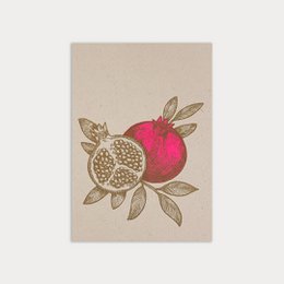  Postcard with a pomegranate illustration on eco paper. The pomegranate is depicted with a vibrant red color and detailed leaves surrounding it, creating a natural and organic design.