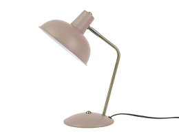 A modern, minimalist table lamp with a round, pale pink shade and a slim, metallic base.
