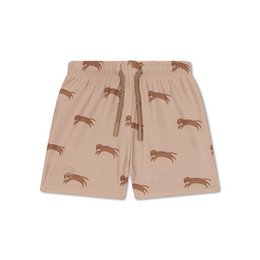  Brown swim trunks with a repeating cheetah print pattern, suitable for kids.