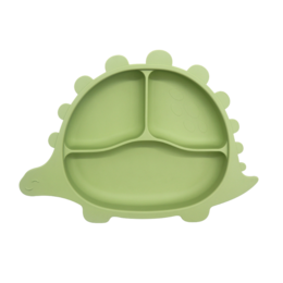  Olive green dinosaur-shaped plate with suction cup for kids. Made of durable, food-safe material. Divided sections for different foods.