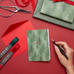 Festive greeting card featuring a Santa Claus figure in a snowy forest scene. The card is available in green and red color variants, with or without plastic packaging.