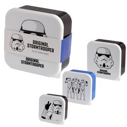 Set of 3 stackable lunch boxes featuring the iconic Stormtrooper design from the Star Wars franchise. The lunch boxes come in 3 sizes - M, L, and XL - to accommodate different meal needs. The boxes are made of durable materials and feature the Stormtrooper logo prominently displayed.