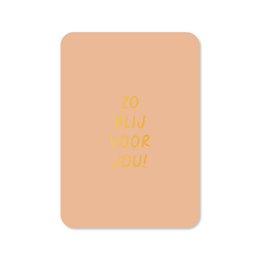  Greeting card with gold foil text "So happy for you" on a peach-colored background.
