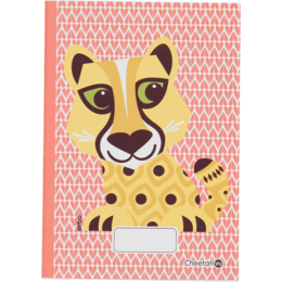 A5 notebook with a cheetah design. The notebook has a yellow cheetah face with large eyes and spots on a pink and white patterned background.