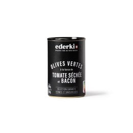 Olives stuffed with dried tomatoes and bacon, 300g. Green olives stuffed with dried tomatoes and bacon pieces, in a tin. Suitable for snacking or as a side dish.