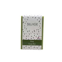 A rectangular green and white soap bar with the text "Silage Pine" printed on the packaging.