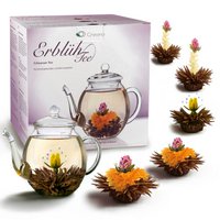 Cadeauset voor bloesemthee met glazen kan, zwarte thee (6 theeroosjes/3 soorten)
