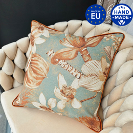 "Square pillowcase with botanical flora design, terracotta and cream colors, natural cotton linen blend fabric"