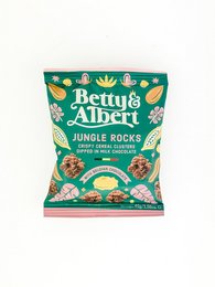 Chocolate-covered cereal snack with a jungle-themed design, featuring round, crunchy pieces in a variety of colors.
