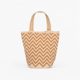  Almond-colored zigzag tote bag with a woven chevron pattern.