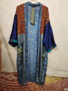 Zijden patchwork kimono badjas – blauwe golven