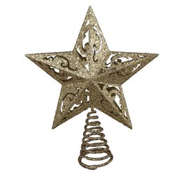  Glittering gold star-shaped tree topper with intricate floral patterns and a curved top.