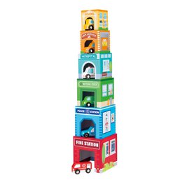 Stacking cube toy with various vehicle designs, suitable for young children's play and development.