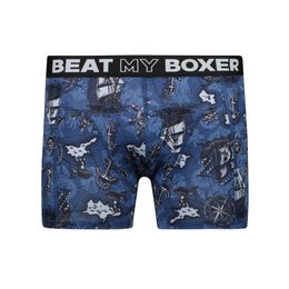  Men's boxer shorts with a pirate-themed print in shades of blue. The boxers feature a "Beat my Boxer" text and various pirate-themed graphics like skulls, ships, and compasses.