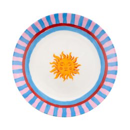  "Colorful ceramic dessert plate with a sun motif and striped border. Suitable for serving small desserts or snacks."