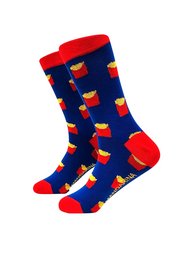 Colorful patterned socks featuring a french fries design in various shades of blue, red, and yellow. The socks have a comfortable, stretchy fit and are suitable for casual wear.