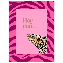  A pink greeting card with a leopard print design and the text "Hey you.." printed in gold. The card appears to be a gift tag or small greeting card.