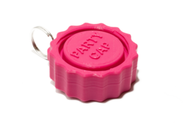 Pink festival cap with "Party on" text. Compact, portable design suitable for travel.