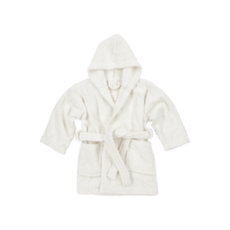 Soft, plush off-white baby bathrobe made of terry cloth material with a hooded design and a belt for a cozy, comfortable fit.